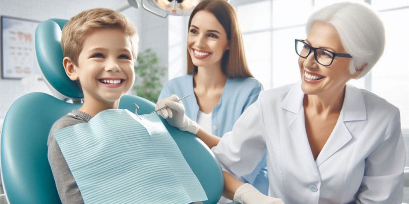 Young boy in a dental chair smiling, with a dentist and an assistant nearby ready for care under a bright overhead light.